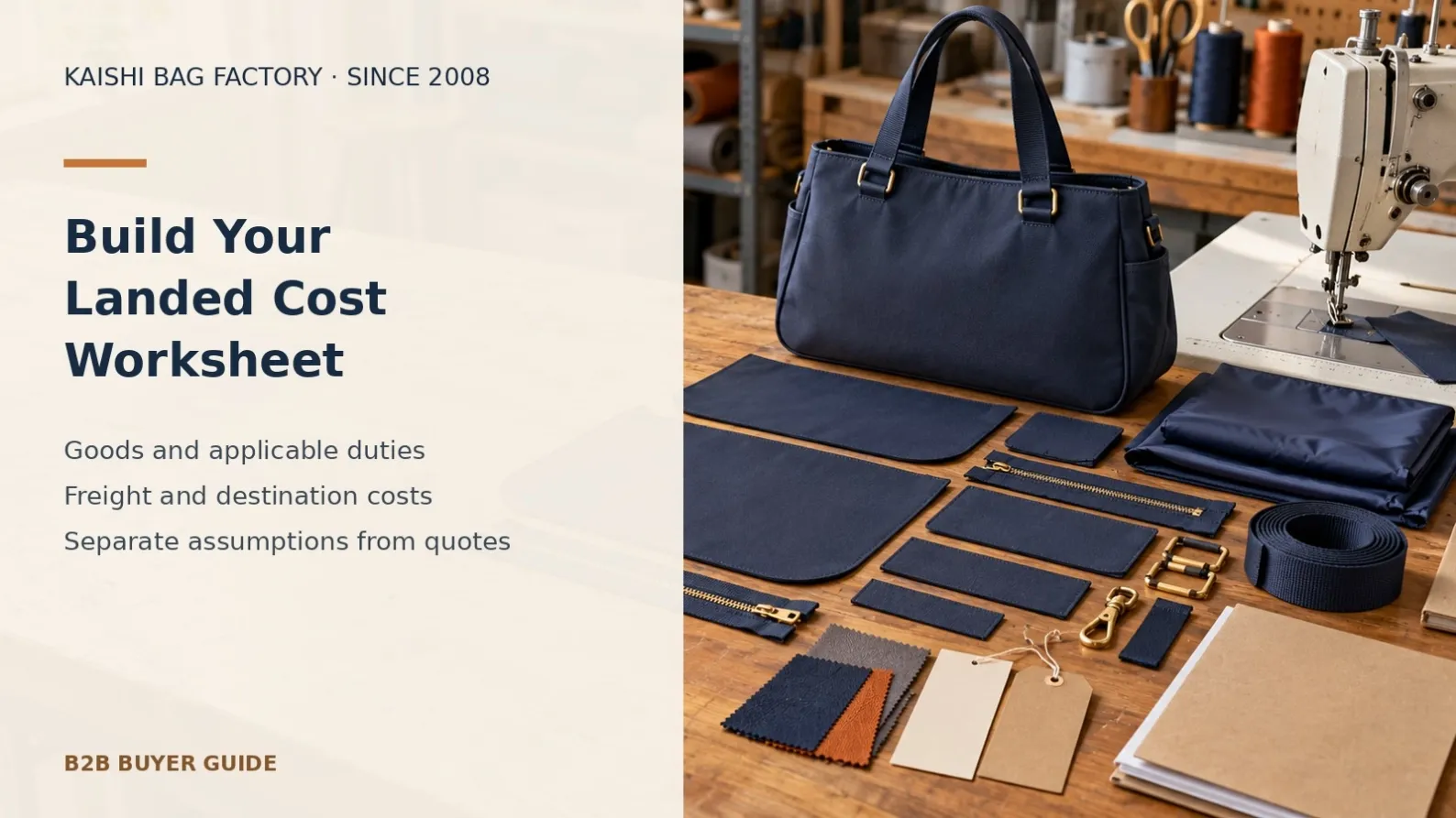 Unbranded bag components on a sample-room desk illustrating a worksheet that separates product cost, duties and logistics expenses