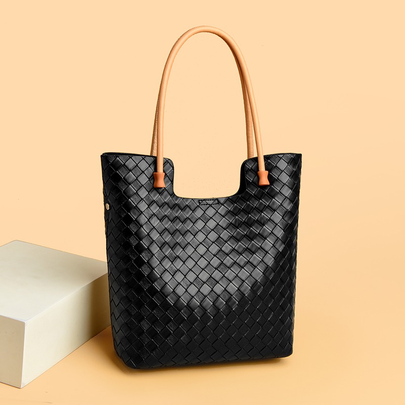 Custom Woven Leather Tote Bag – Bucket Tote with Woven Panels — custom leather bag manufacturing by Kaishi Bag Factory