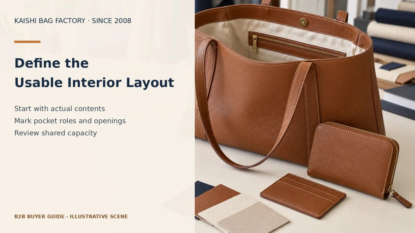 Illustrative open leather tote showing lining and interior space for handbag pocket planning.