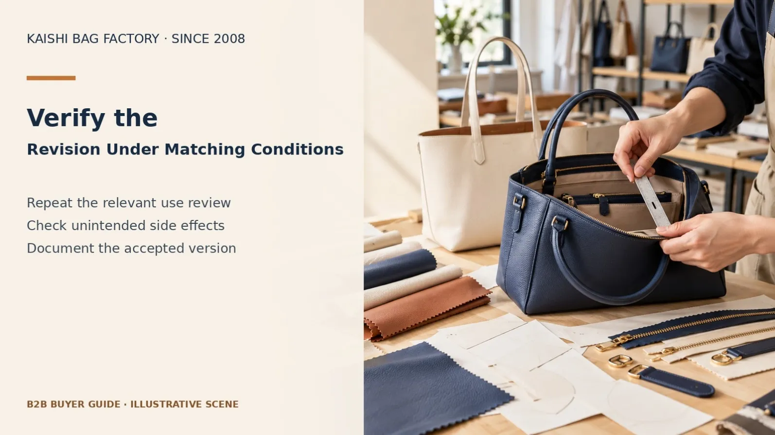 Illustrative inspection of a handbag sample for validating revised construction; not a real customer case.
