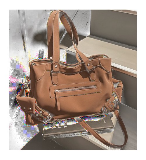 PU Leather Multi-Pocket Tote Bag – Large Capacity Shoulder Bag with Belt Accents & Zipper (view 3) — custom bag manufacturing by Kaishi Bag Factory