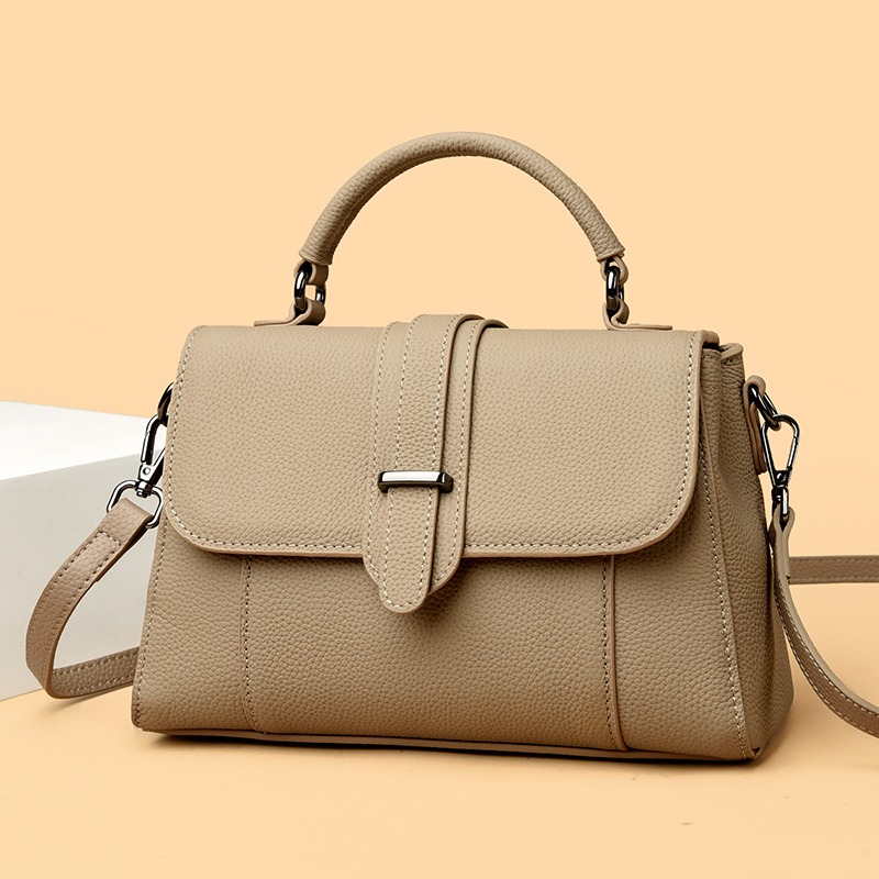 Custom Leather Top-Handle Flap Bag – Structured Handbag with Belt Detail (view 4) — custom leather bag manufacturing by Kaishi Bag Factory