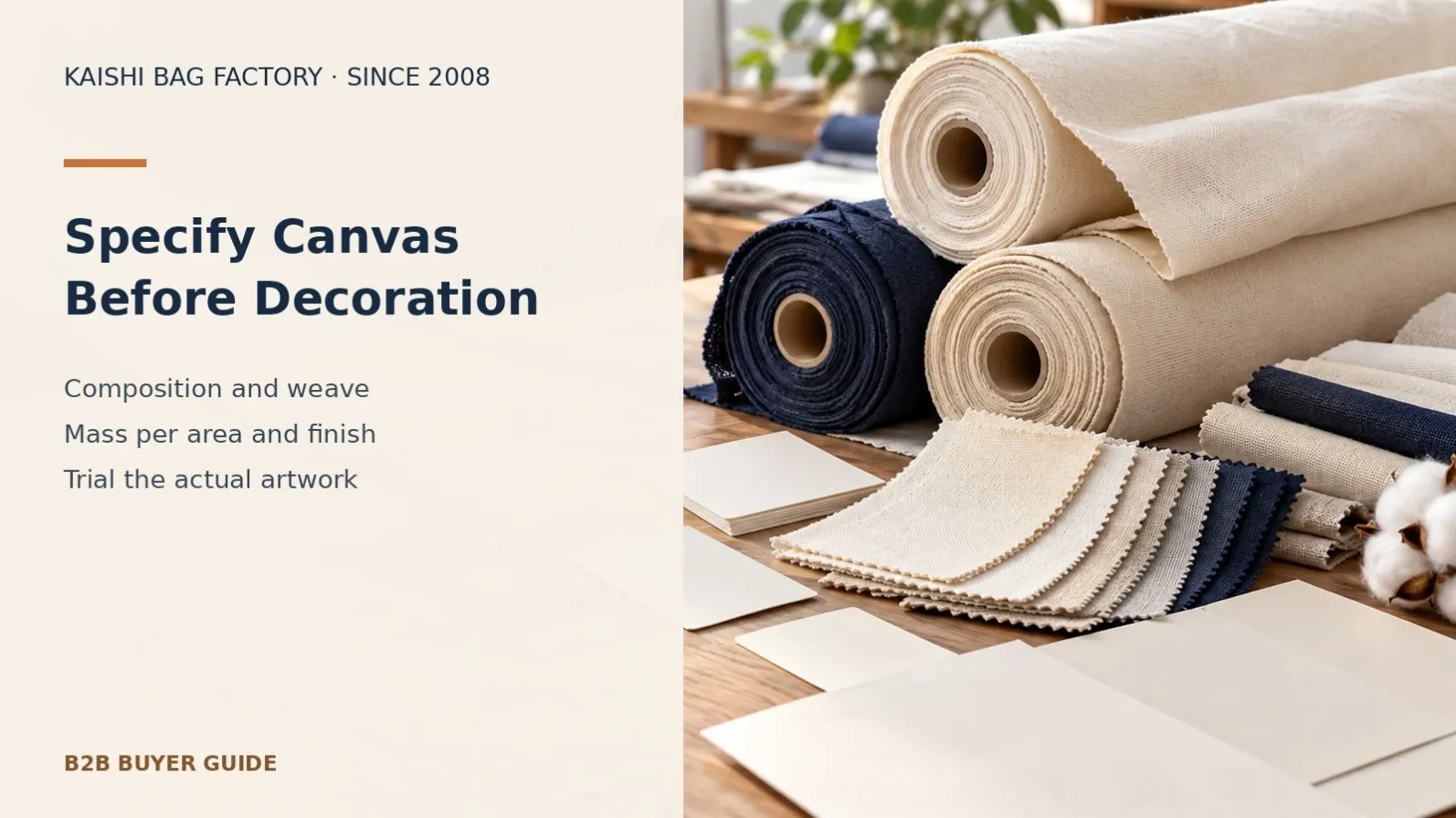 Illustrative fabric rolls and cotton swatches for reviewing canvas composition, finish and branding suitability before ordering totes