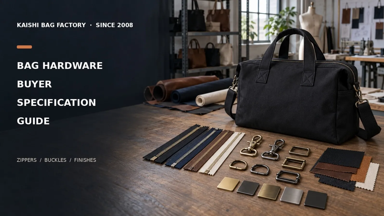 Unbranded black bag prototype beside zipper, hook, ring and finish samples in a bag factory sample room.