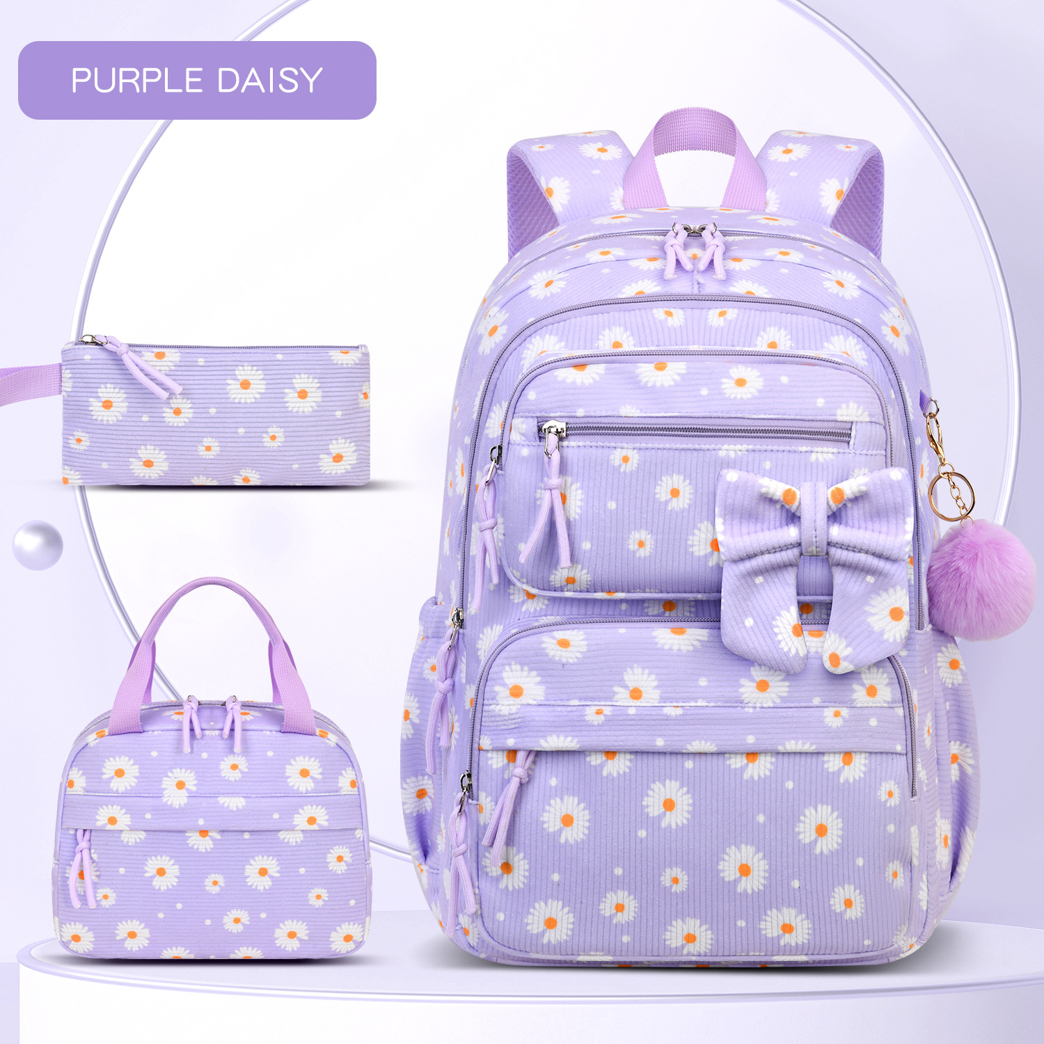 Custom School Backpack 3-Piece Set – Corduroy Bow Print with Matching Bag and Pouch (view 2) — custom school backpack by Kaishi Bag Factory