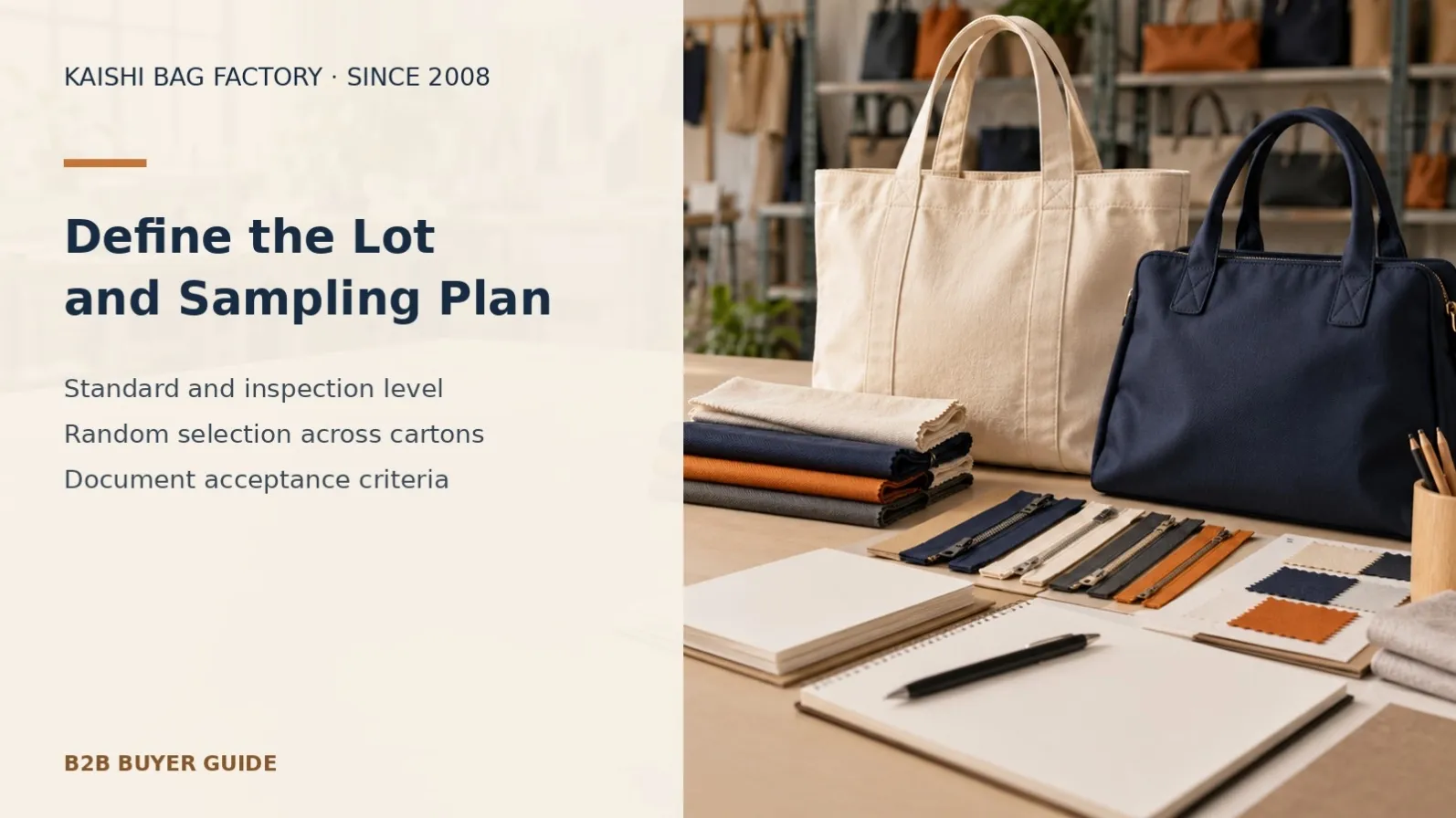 Illustrative tote and handbag with specification references for defining the inspection lot and bag sampling plan