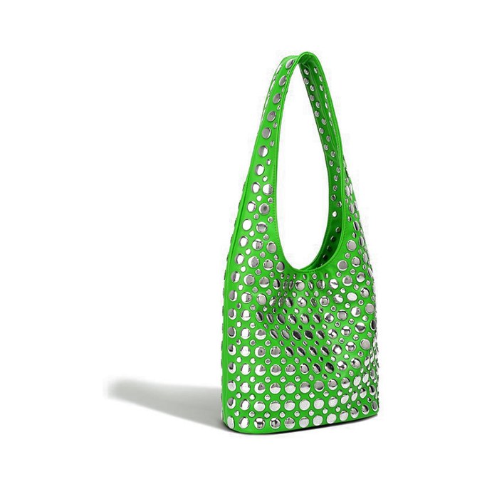 PU Leather Hobo Bag – Rivet Studded Metallic Shoulder Bag with Drawstring (view 3) — custom bag manufacturing by Kaishi Bag Factory