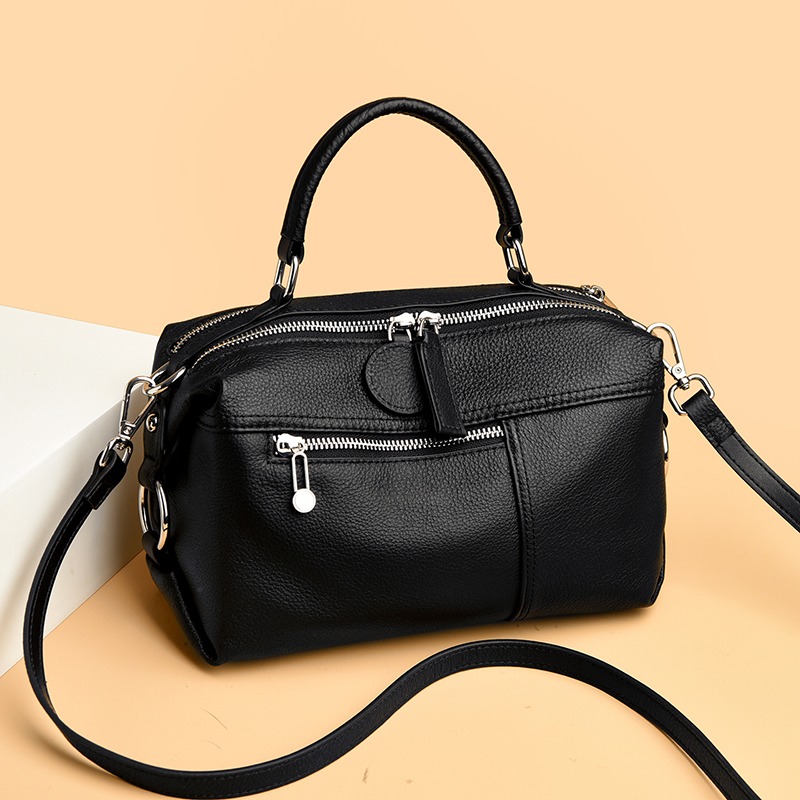 Custom Leather Satchel Bag – Soft Handbag with Front Zip Pocket (view 2) — custom leather bag manufacturing by Kaishi Bag Factory