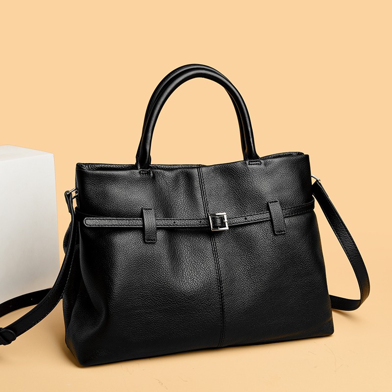 Custom Leather Tote Bag – Structured Handbag with Belt Detail (view 2) — custom leather bag manufacturing by Kaishi Bag Factory