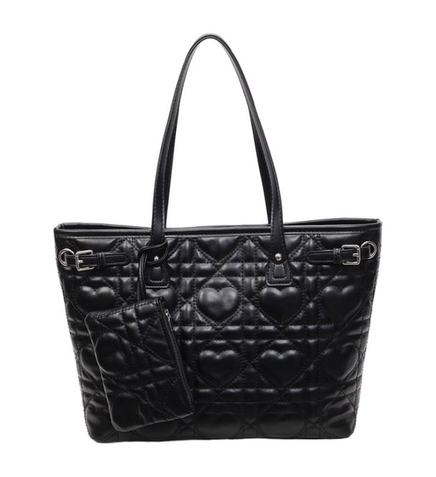 Quilted Heart PU Leather Tote Bag – Classic with Mini Wallet & Buckle Details (view 2) — custom bag manufacturing by Kaishi Bag Factory