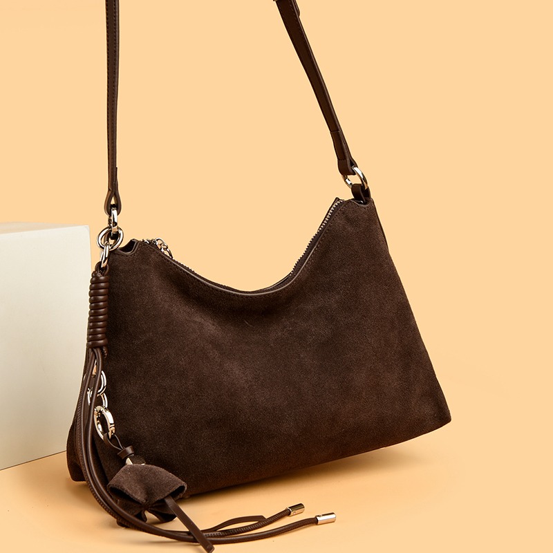 Custom Suede Look Leather Hobo Bag – Slouchy Shoulder Bag with Strap Detail (view 2) — custom leather bag manufacturing by Kaishi Bag Factory