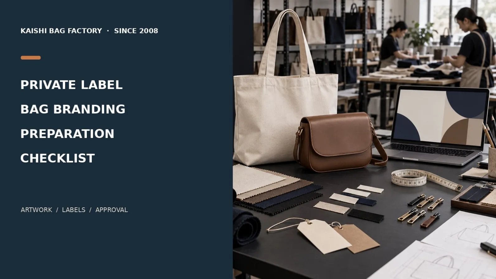 Brand owner reviewing an unbranded tote and leather bag samples beside label artwork for a private label approval guide.