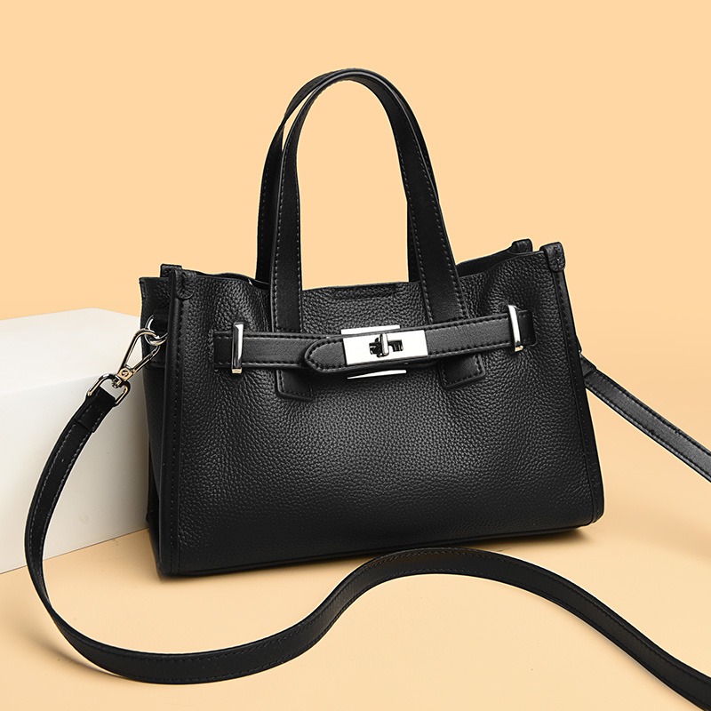 Custom Structured Leather Tote Bag – Belted Handbag with Turn-Lock Detail (view 3) — custom leather bag manufacturing by Kaishi Bag Factory