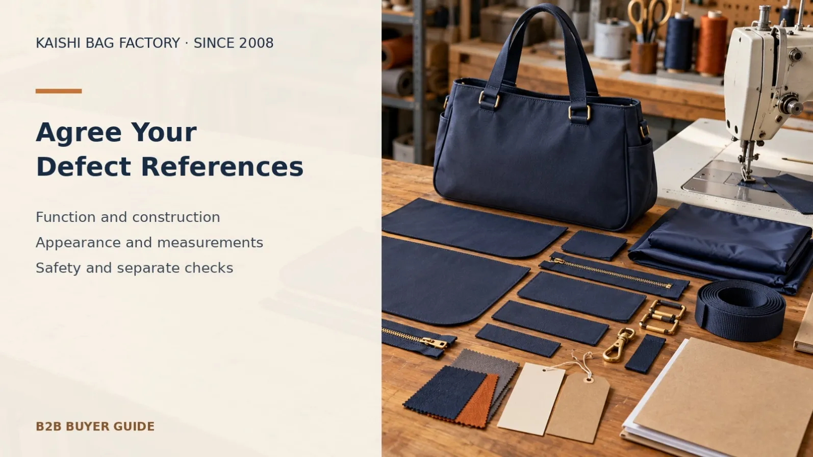Illustrative sample handbag, sewn components, zipper and hardware for setting bag defect references and function checks