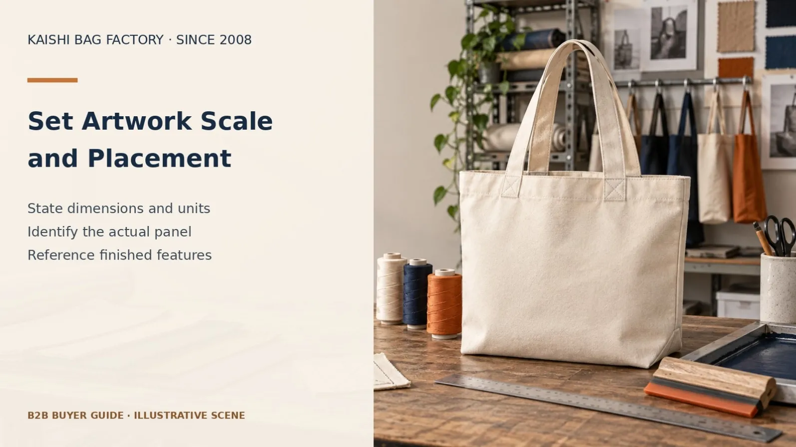 Illustrative tote, fabric and plain artwork papers for defining print size and placement.