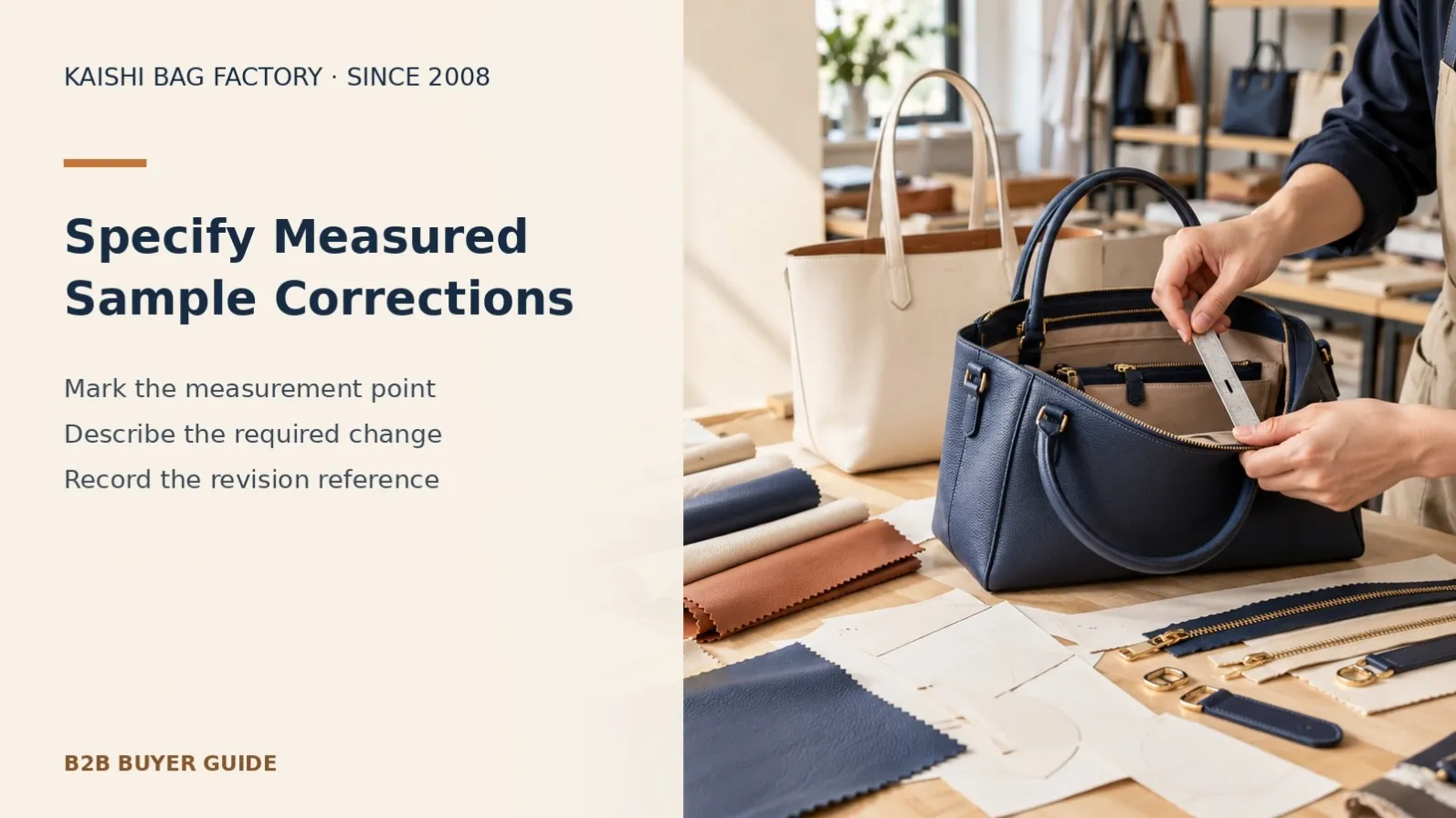 Illustrative technician measuring a handbag sample to define precise corrections in a bag tech pack revision