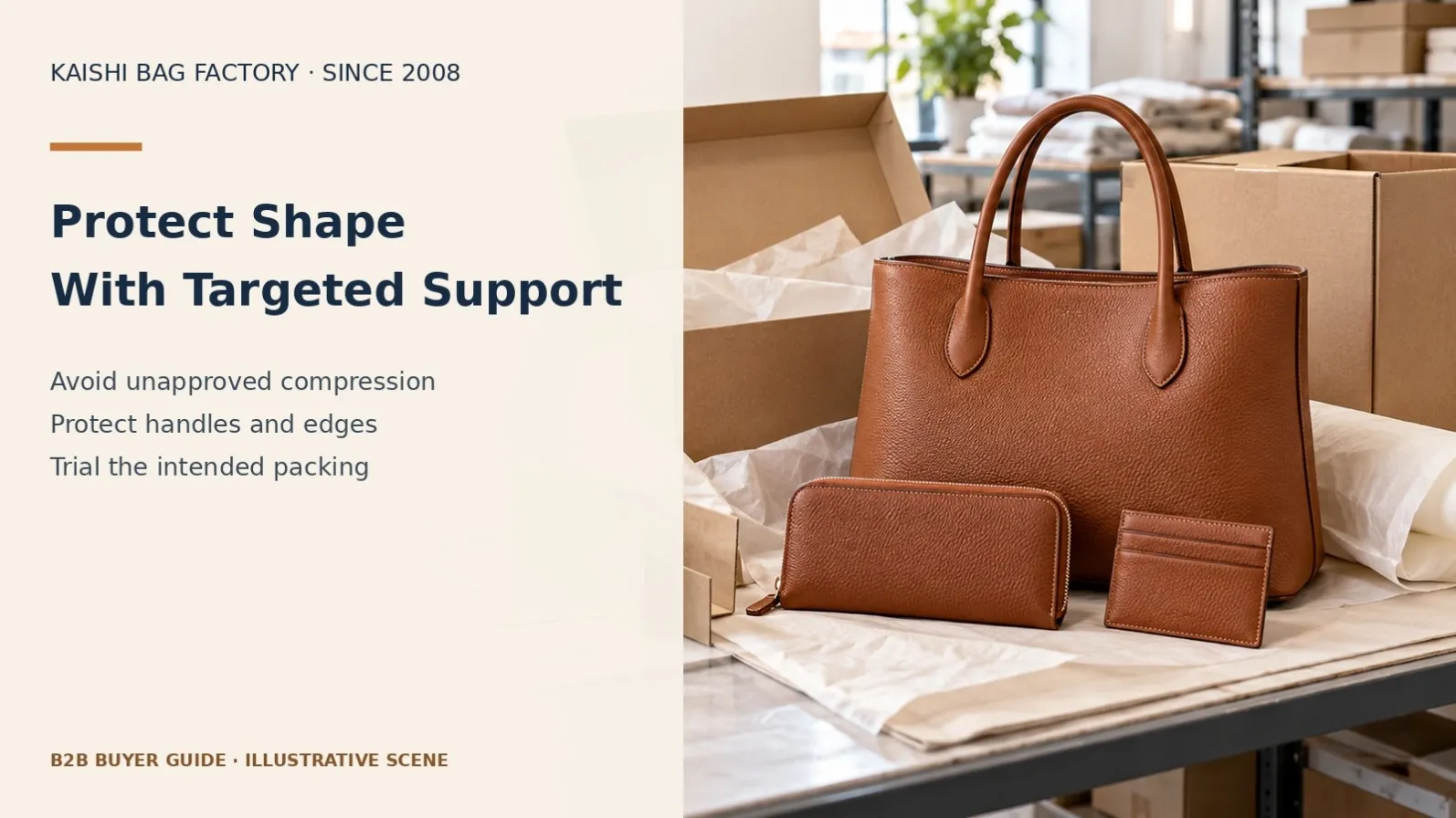 Illustrative handbag support materials for protecting vulnerable shape zones.