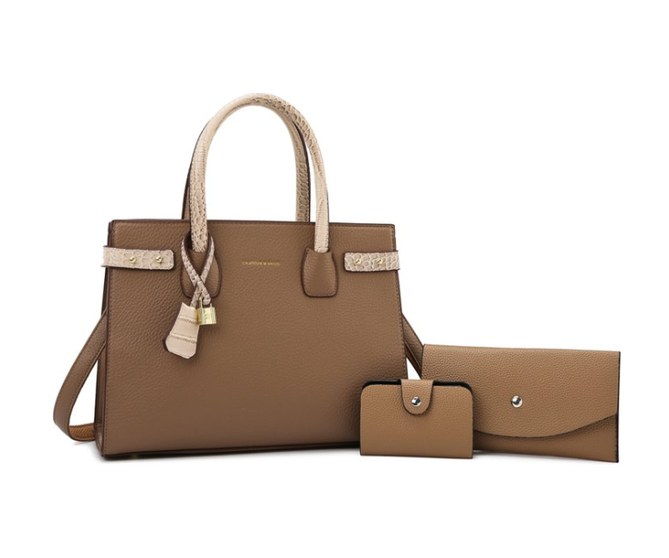 PU Leather 3-Piece Set – Structured Tote Bag with Wallet, Card Holder & Snake Charm (view 2) — custom bag manufacturing by Kaishi Bag Factory