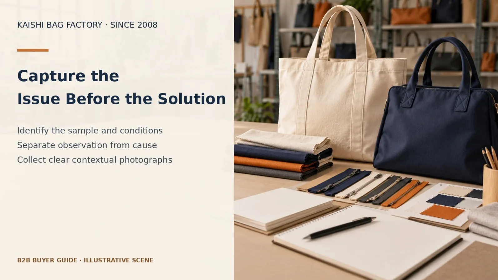 Illustrative sample workbench with bag, drawings and materials for documenting buyer feedback.