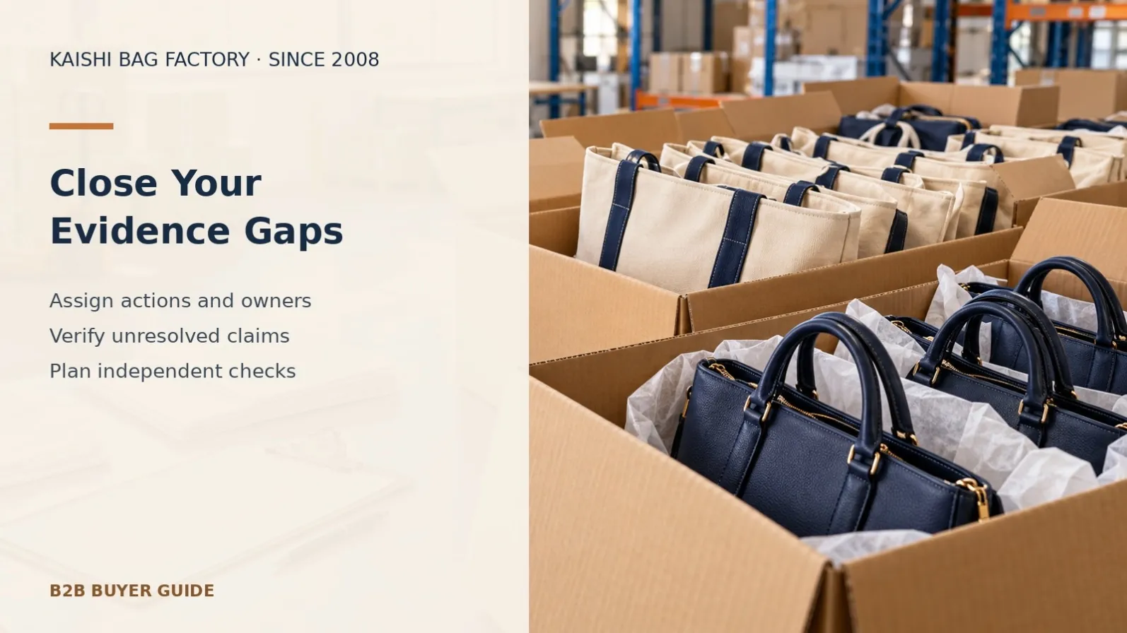 Unbranded bags beside packing cartons and folders illustrating follow-up actions after a remote supplier review