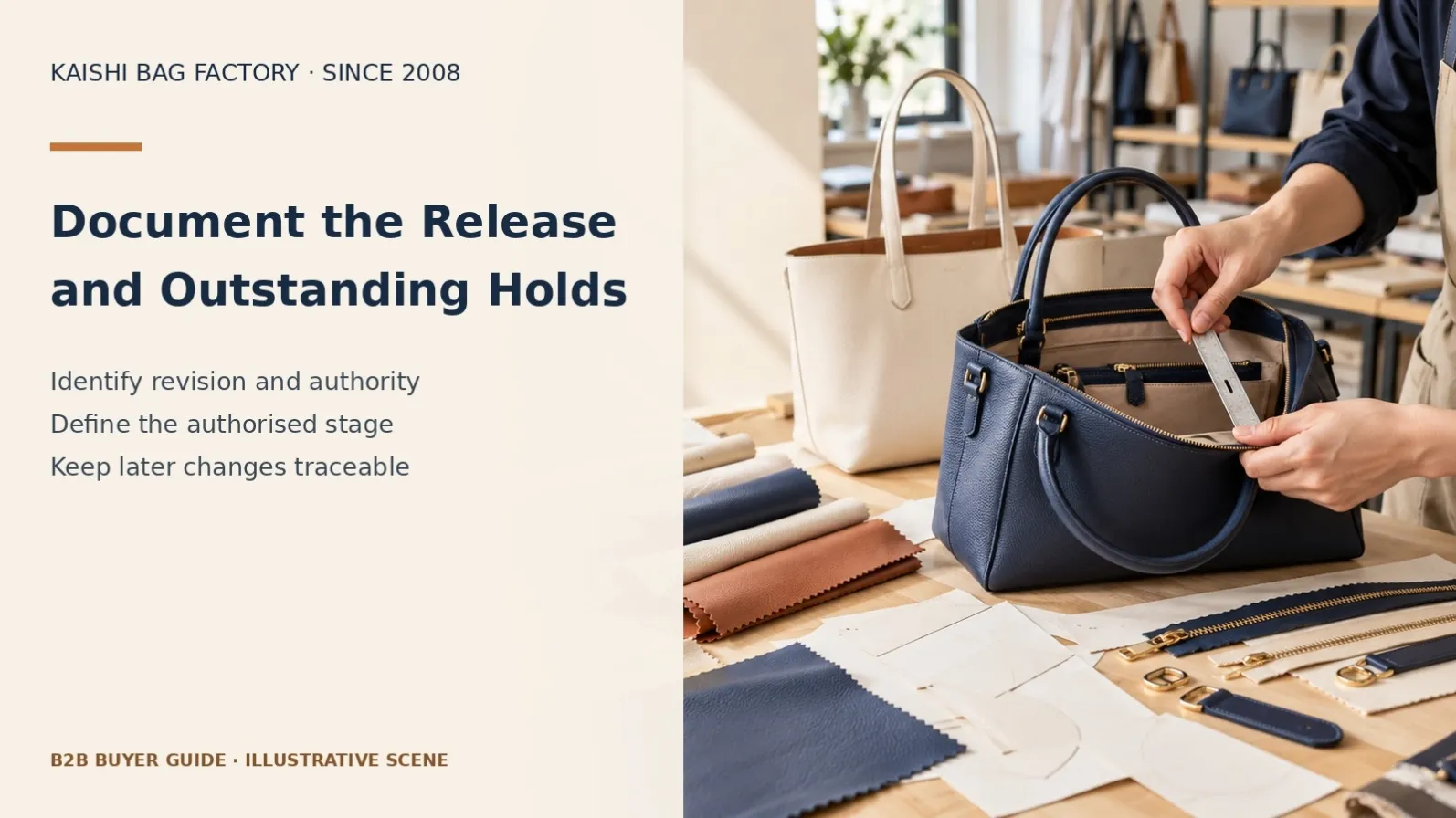 Illustrative unbranded bag or component scene: document the release and outstanding holds. Not an actual Kaishi order or test result.