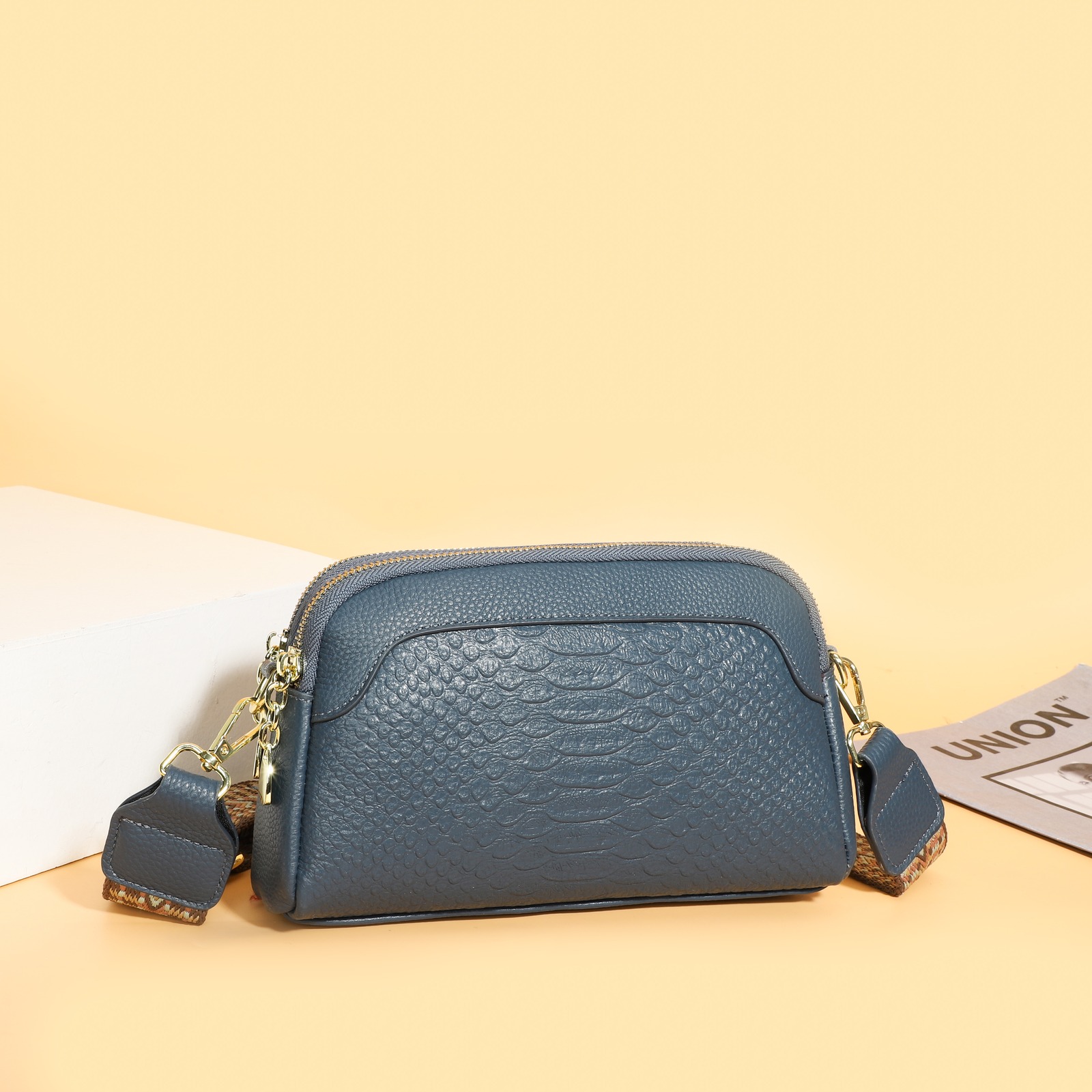 Custom Leather Crossbody Bag – Wide Woven Strap Shoulder Bag (view 2) — custom leather bag manufacturing by Kaishi Bag Factory
