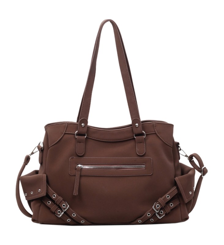 PU Leather Multi-Pocket Tote Bag – Large Capacity Shoulder Bag with Belt Accents & Zipper — custom bag manufacturing by Kaishi Bag Factory
