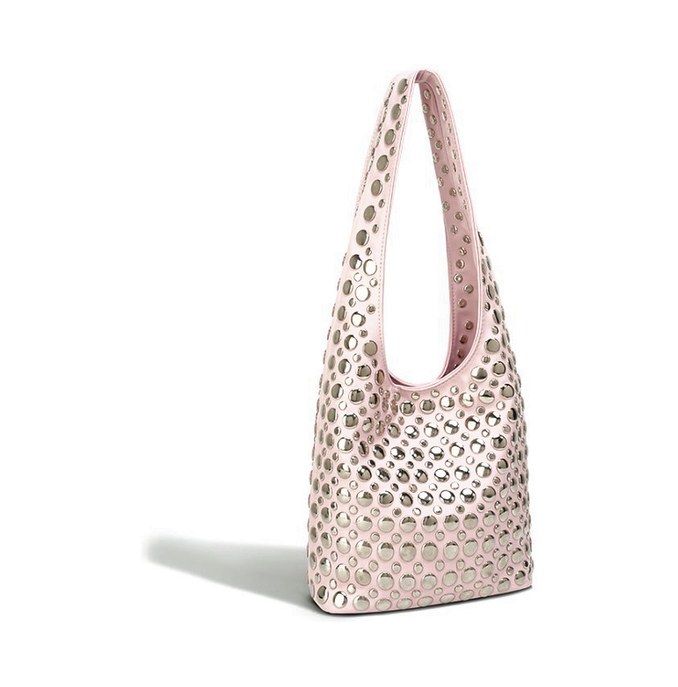 PU Leather Hobo Bag – Rivet Studded Metallic Shoulder Bag with Drawstring (view 4) — custom bag manufacturing by Kaishi Bag Factory