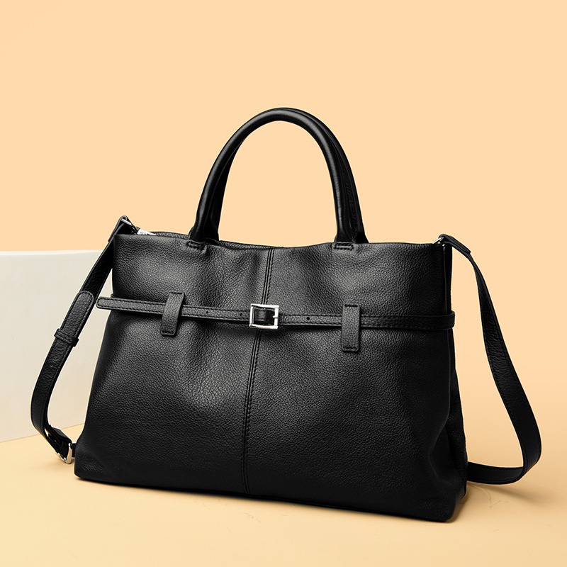 Custom Leather Tote Bag – Structured Handbag with Belt Detail (view 4) — custom leather bag manufacturing by Kaishi Bag Factory