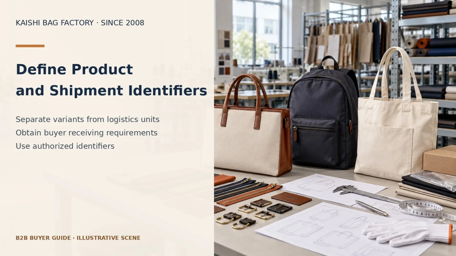 Illustrative handbag assortment and buyer papers for defining product variant and shipment records.