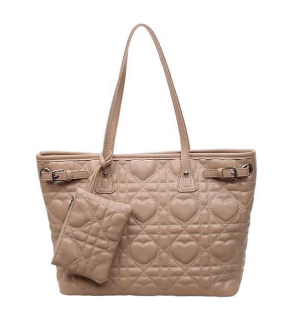 Quilted Heart PU Leather Tote Bag – Classic with Mini Wallet & Buckle Details (view 4) — custom bag manufacturing by Kaishi Bag Factory