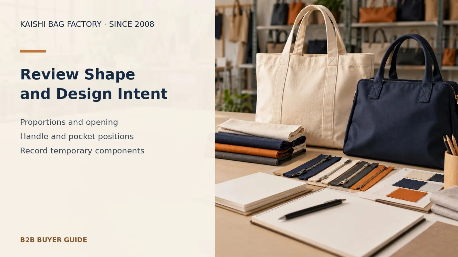 Illustrative prototype and handbag development references for reviewing bag proportions, openings and sample-stage decisions