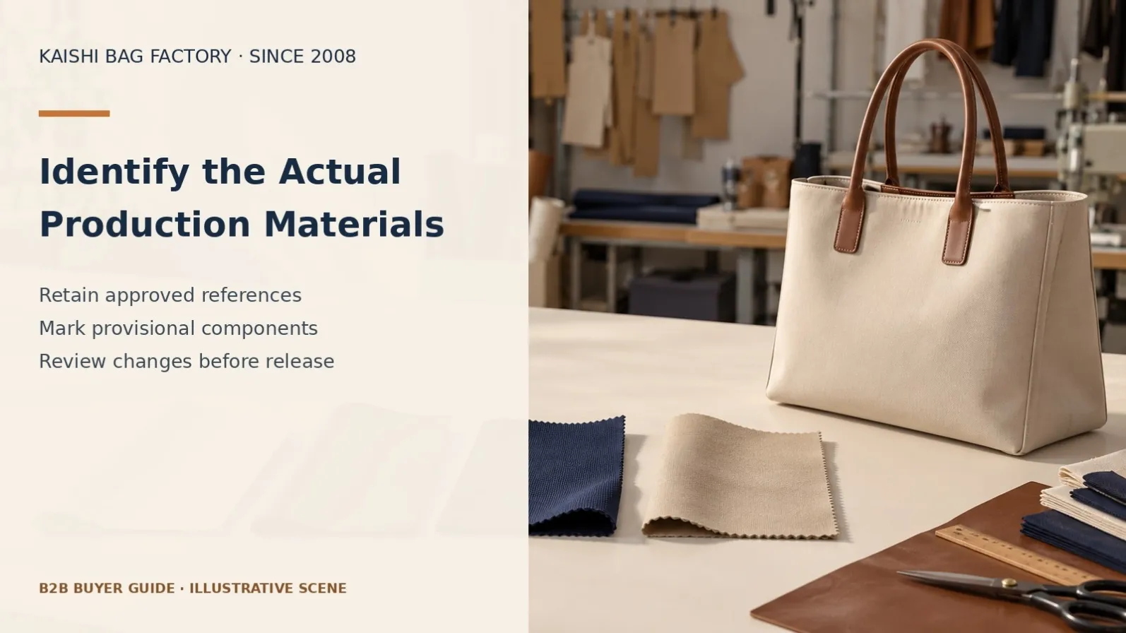 Illustrative unbranded bag or component scene: identify the actual production materials. Not an actual Kaishi order or test result.