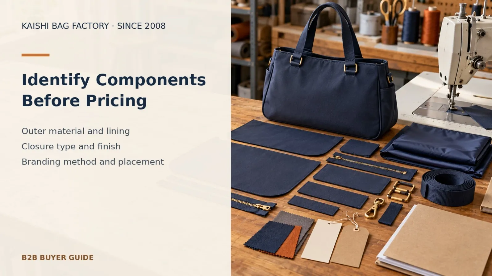 Illustrative handbag components and sewing workbench for specifying closures, hardware, reinforcement and branding before a factory quote