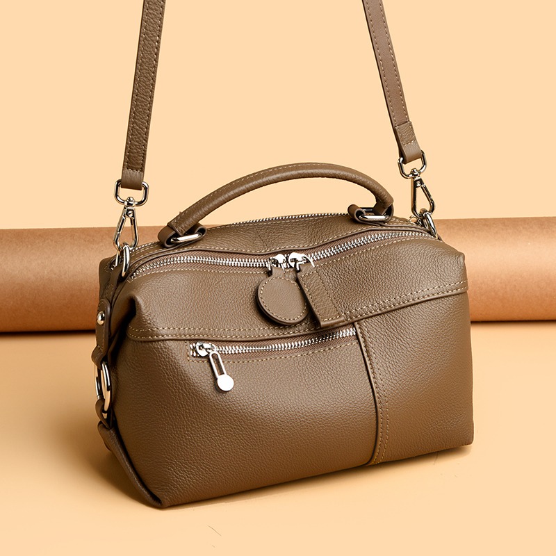 Custom Leather Satchel Bag – Soft Handbag with Front Zip Pocket (view 4) — custom leather bag manufacturing by Kaishi Bag Factory