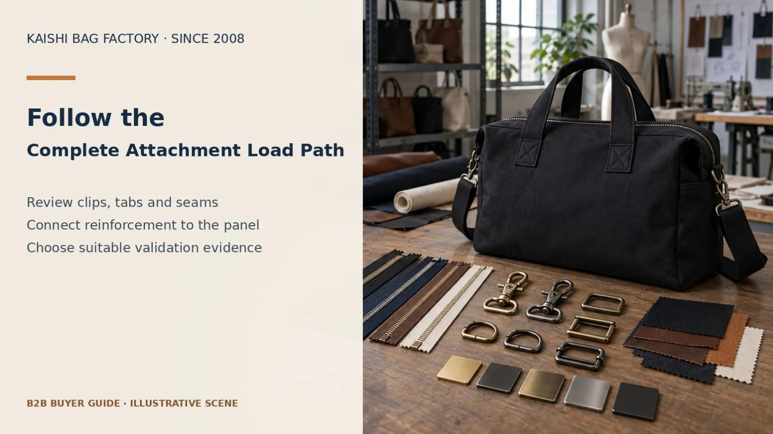 Illustrative strap, buckle and bag component layout for reviewing handle attachment load paths.