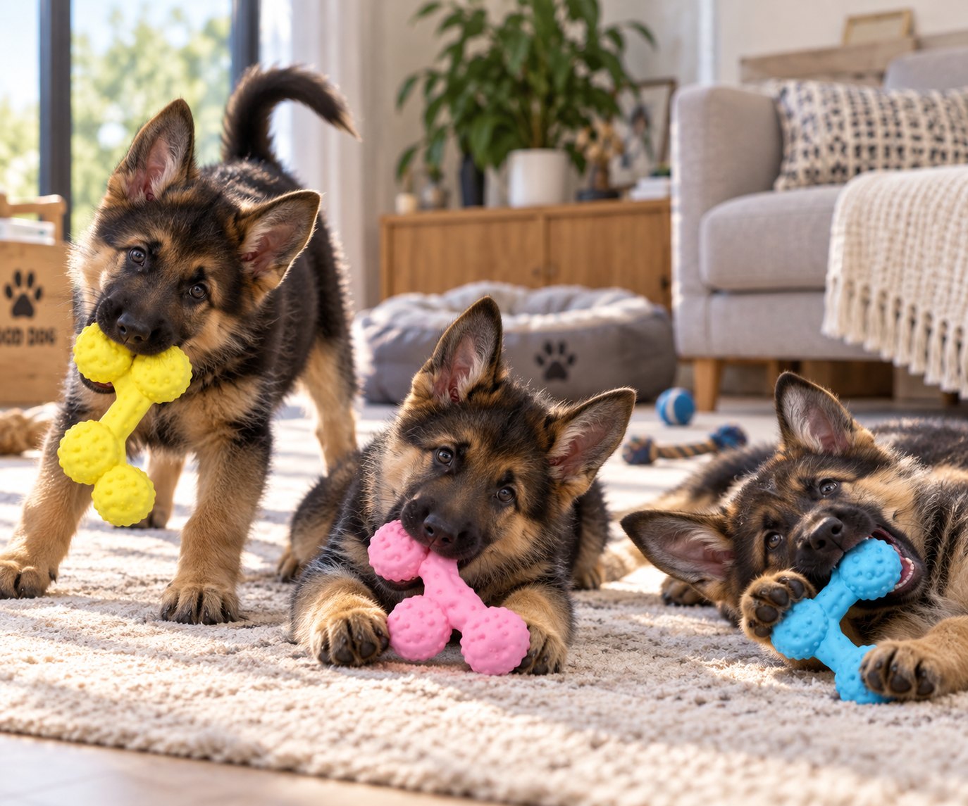 Three German Shepherd puppies on a living room rug, each holding a different coloured bone chew toy