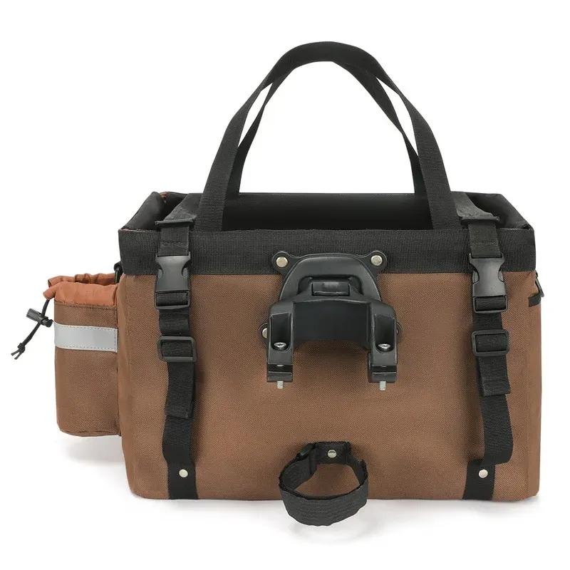 Rear view of the brown pet bicycle basket showing its mounting bracket