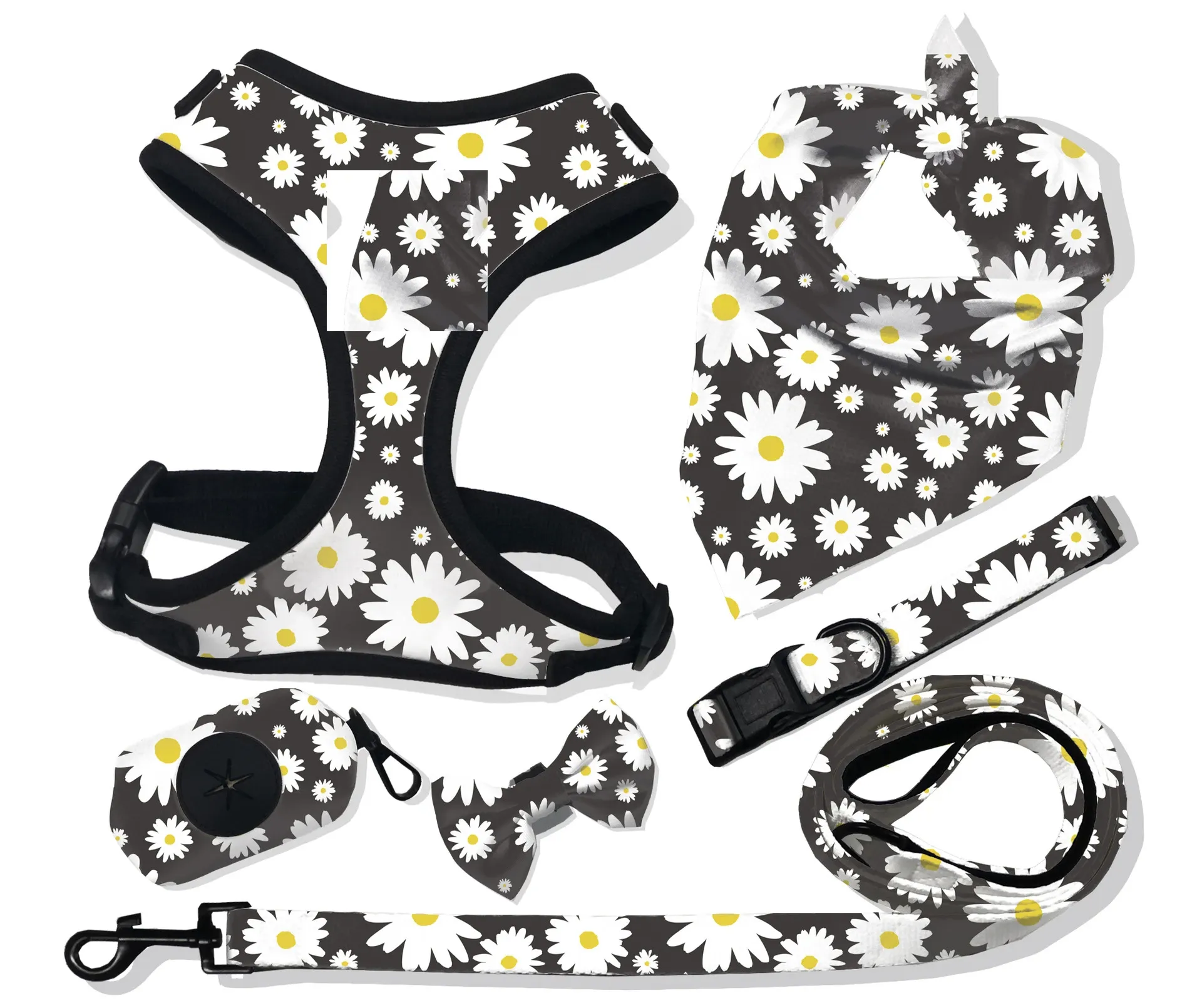 Black and white daisy-print dog harness set with bib, bow tie, leash and poop bag holder
