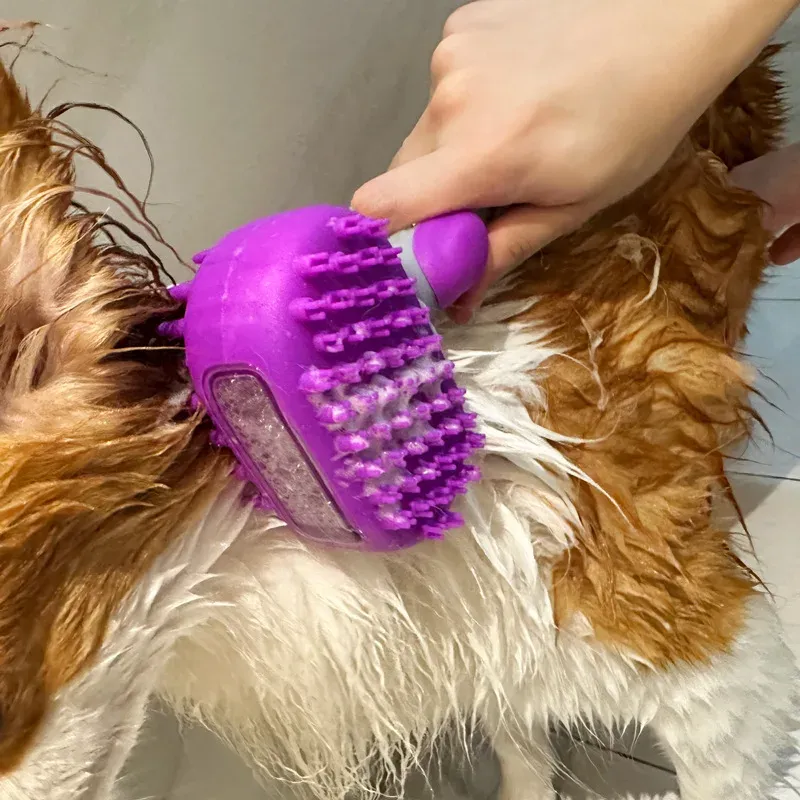 Silicone dog bath brush used to wash a dog's coat