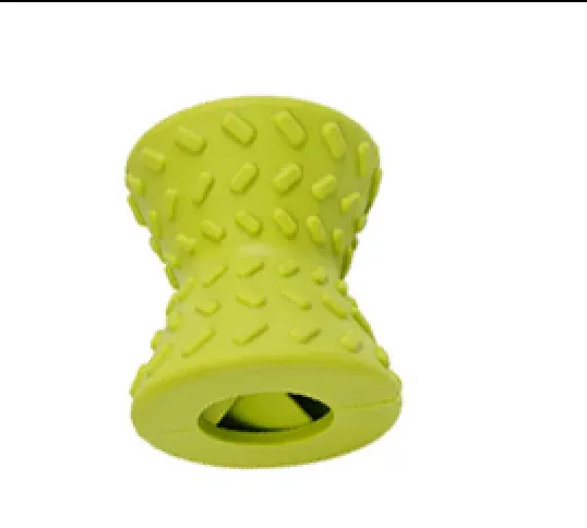 Yellow-green dumbbell-shaped rubber treat dispenser dog toy