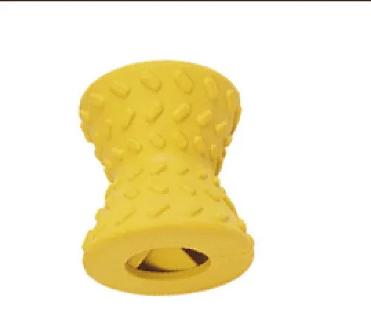 Yellow dumbbell-shaped rubber treat dispenser dog toy