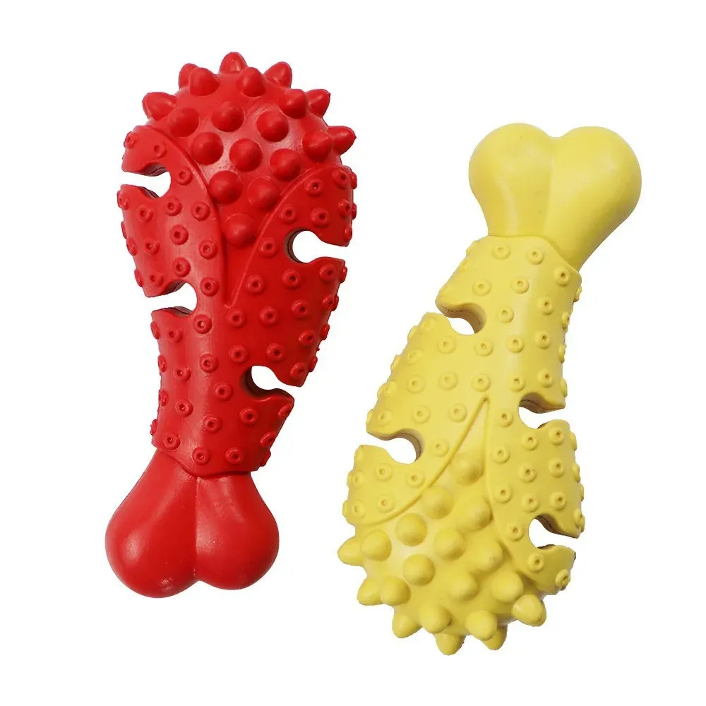 Red and yellow spiky leaf-shaped chew toys with a bone-shaped top