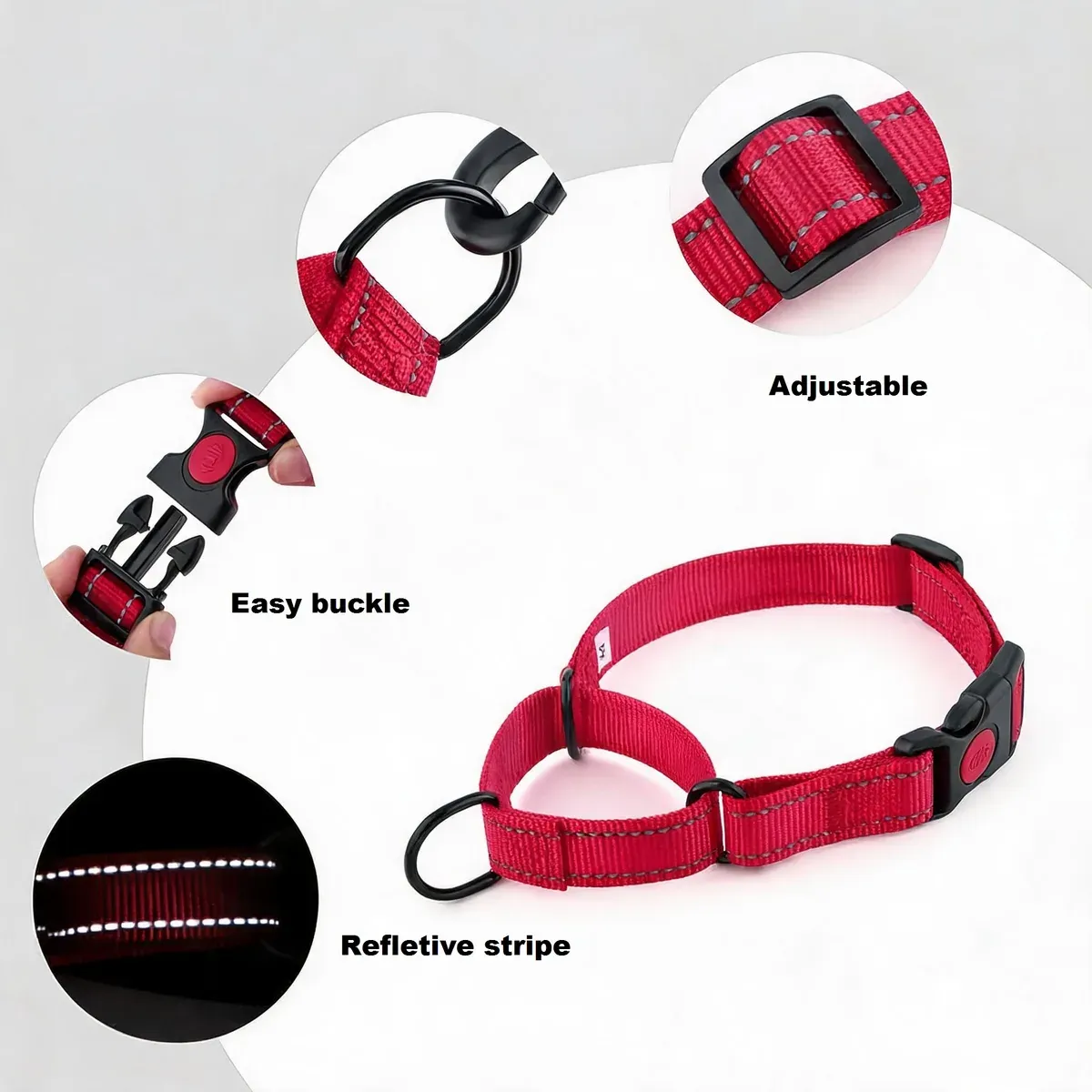 Red reflective nylon dog collar shown flat with close-ups of its easy buckle, adjustable strap and reflective stripe