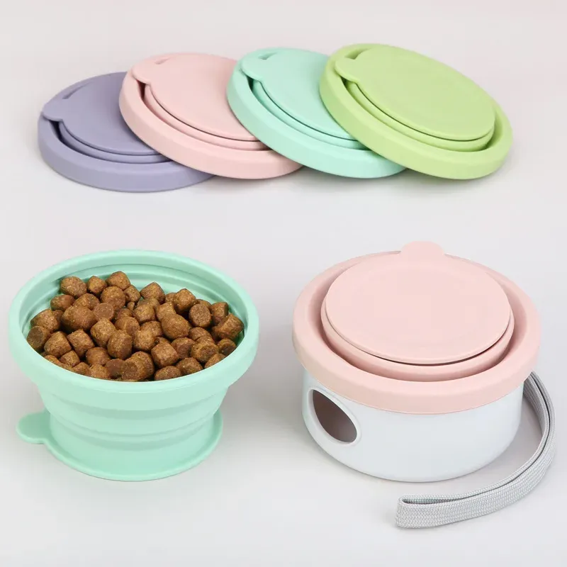 Portable 3-in-1 pet feeder in purple, pink, mint and green with folded bowls and kibble