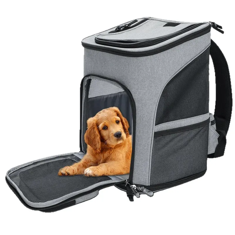 Grey pet backpack carrier with a golden retriever puppy lying inside and the front flap folded down