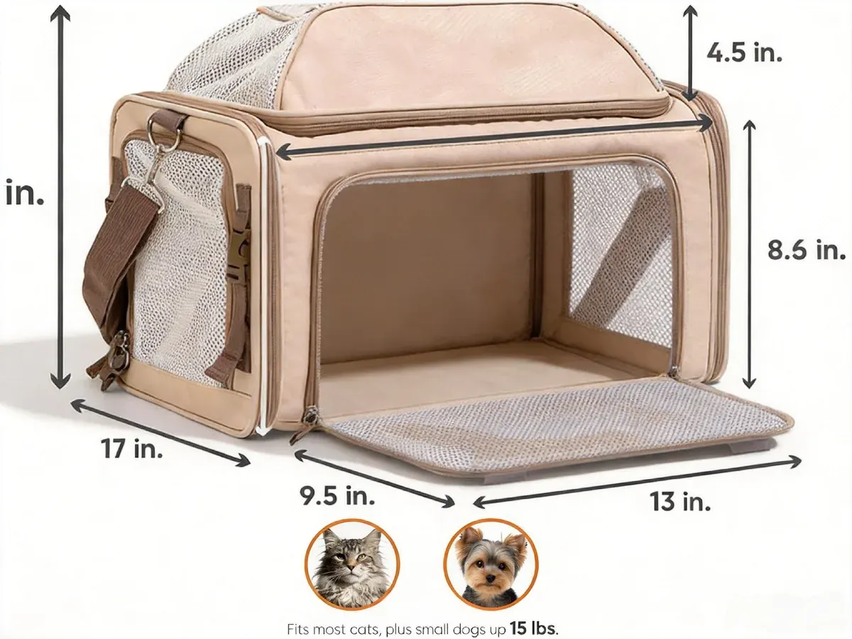 Dimension chart for the beige pet carrier bag showing its zip-open side panel