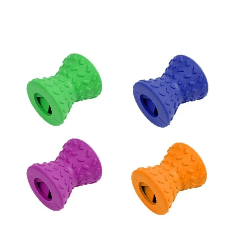 Dumbbell-shaped rubber treat dispenser dog toys in green, blue, purple and orange