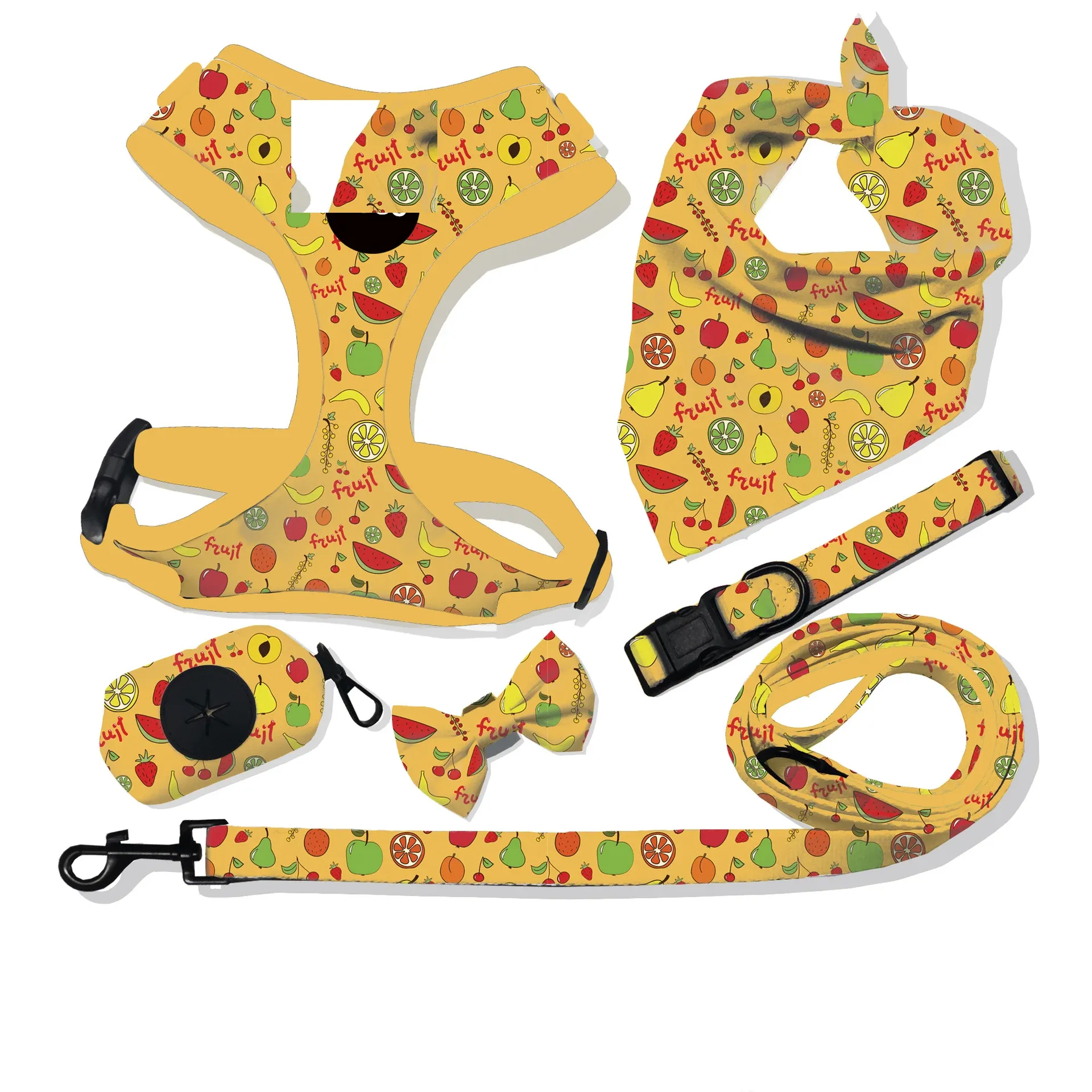 Yellow fruit-print dog harness set with bib, bow tie, leash and poop bag holder