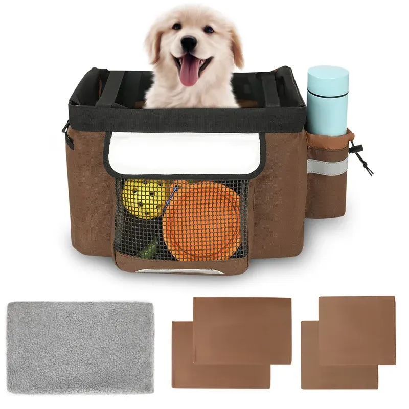 Brown pet bicycle basket holding a puppy, shown with a set of seat mats